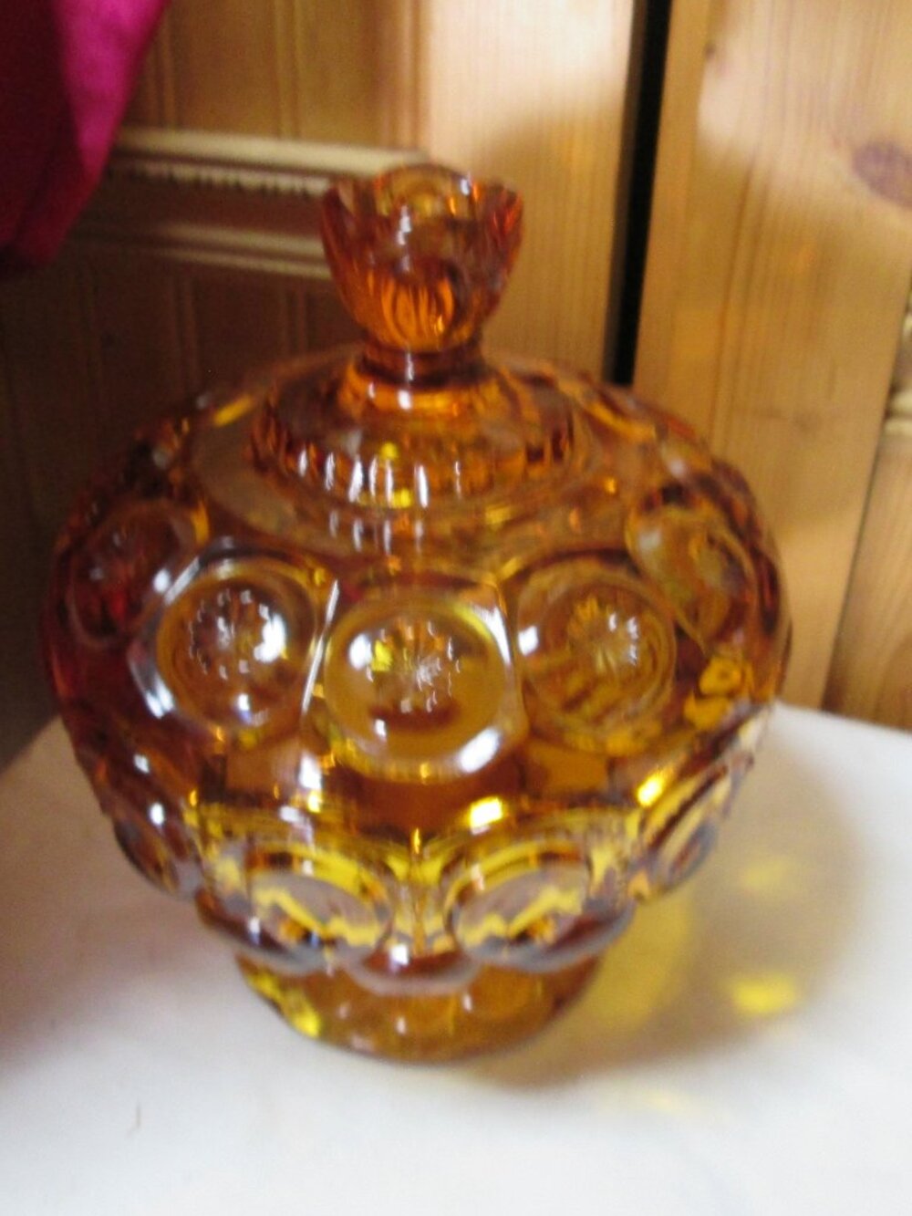 Vtg Le Smith Moon Stars covered candy dish pedestal amberina beautiful